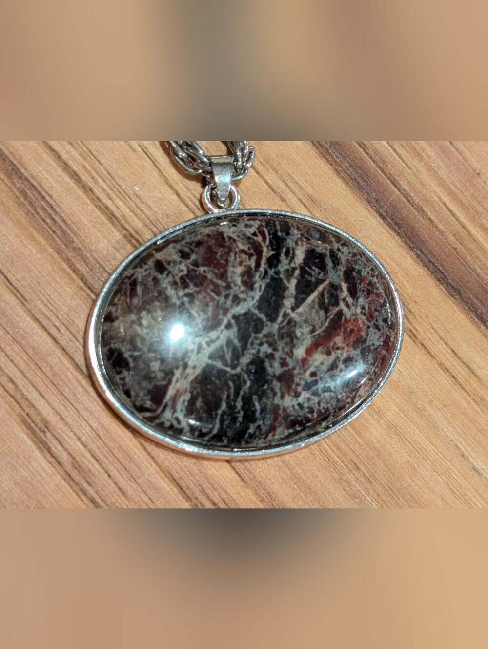 Silvertone Pendant Necklace with Dragonsblood Agate Stone.  Deep Green And Red